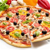 Slice of Veggie Pizza · Slice of large cheese pizza topped with mushroom, onion, and bell pepper.