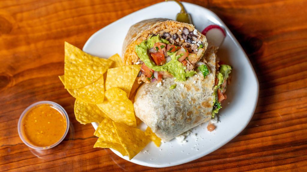 Burrito · Flour tortilla or wheat with your choice of meat, rice and beans, sour cream, cheese, and pico de gallo.