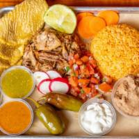 Meat Combination Plate · Served with  your choice of meat & three corn tortillas. Joined with a side of beans, rice, ...
