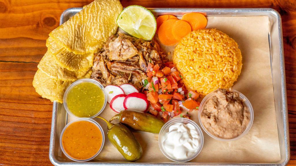 Meat Combination Plate · Served with  your choice of meat & three corn tortillas. Joined with a side of beans, rice, and lettuce topped with pico de gallo, guacamole, and sour cream.