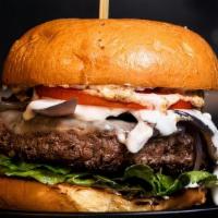THE BLUES · 1/2 lb Wagyu Beef Patty, Provolone Cheese, Chunky Blue Cheese, Grilled Onions, Green Leaf, T...