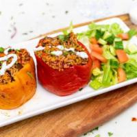 Stuffed Bell Peppers (Vegan) · Bell peppers, stuffed with rice, roasted parsley,  onions, garlic, tomatoes with olive oil, ...