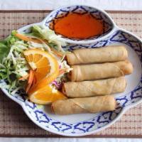1. Thai Egg Rolls · Deep fried Thai egg rolls stuffed with chicken, silver noodles and vegetables, served with h...