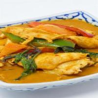 24. Red Curry · Spicy. Sliced chicken or pork or beef cooked in red curry paste, coconut milk, bamboo shoots...