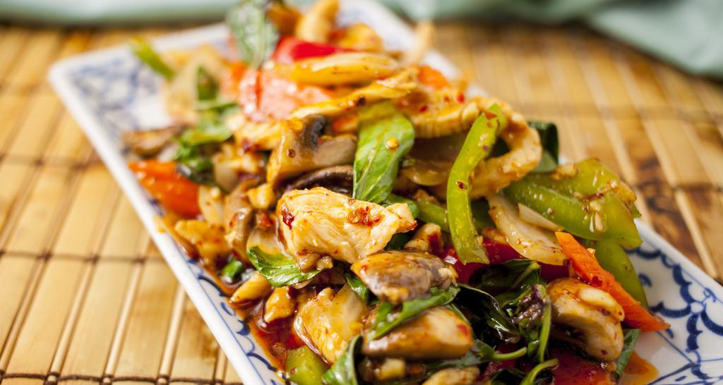 36. Sweet Basil Chicken · Spicy. Sliced chicken sauteed with fresh chili, onion, mushrooms, carrot, bell peppers and sweet basil.