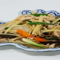 40. Ginger Chicken · Sliced chicken sauteed with fresh ginger, baby corn, dried mushrooms, carrot, onion and gree...