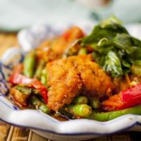 Spicy Catfish · Deep Fried Catfish then Stir-Fried with Red Curry, Red Bell Pepper, and Kaffir Lime Leaf, To...