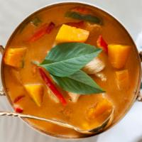 Pumpkin Curry Prawns · Pumpkin in Red Curry sauce with Prawns, Carrots, Bell Pepper and Basil