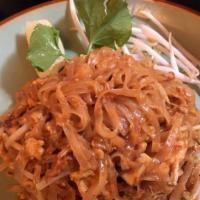 Pad Thai · Rice noodles, beansprouts, scallions, red onion, bean curd, egg and peanuts.