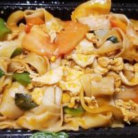 #59. Drunken Noodles · Pan-fried thick rice noodles, red bell peppers, cabbage, chili, yellow onions and basil.
