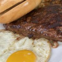 Steak and Eggs · Broiled 8 oz. sirloin steak, choice of 2 eggs, potatoes and bagel