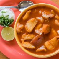 Caldo De 2 Mares · Hot spicy soup with shrimp and fish.