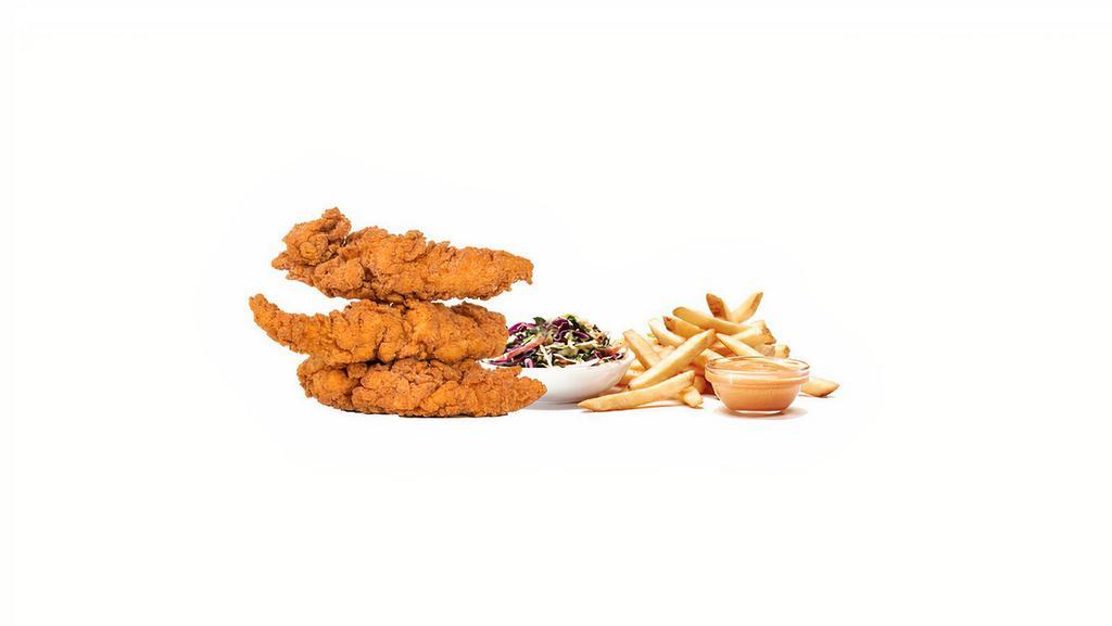 Classic Four Tender Box · Four crispy tenders, super slaw, house-seasoned fries, two house-made dipping sauces