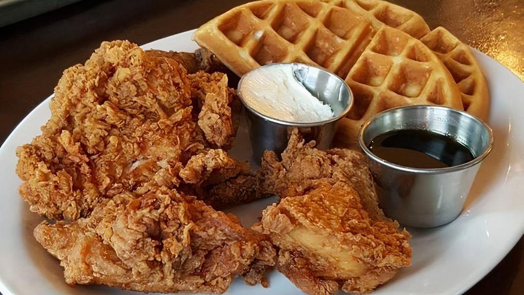 Fried Chicken and Waffle · two pieces of fried chicken, crispy buttermilk waffle, sweet butter maple syrup. add chicken for an additional charge.