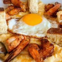 Serious Shrimp and Grits · blackened prawns, cheesy grits, fried egg, scallions.
