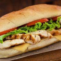Grilled Chicken Sandwich · Grilled chicken, onions, lettuce, tomatoes, cheese, mayo.