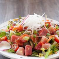 Sashimi Salad · Tataki tuna, green salad, avocado and Japanese dressing.