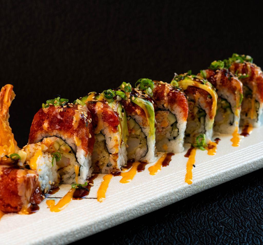 Angry Dragon Roll · Shrimp tempura, crab meat cucumber topped with spicy tuna, avocado, spicy mayo and unagi sauce.