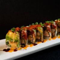 Dancing Dragon Roll · Shrimp tempura, crab meat cucumber, topped with spicy tuna, unagi, avocado, unagi sauce and ...