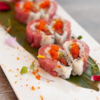 Red Heart Roll · Spicy tuna, avocado, topped with fresh tuna and tobiko.