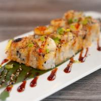 Baked Scallop Roll · Bake with crab meat avocado, scallop, topped with sesame seed, green onion, spicy mayo and u...