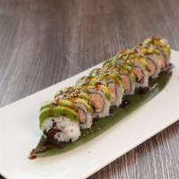 Caterpillar Roll · Crab meat BBQ eel cucumber, topped with avocado and unagi sauce.