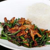 SPICY STRING BEAN · Red chili paste & garlic sauce with string bean and your choice of meat