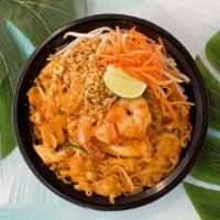 PAD THAI · Rice noodle, prawn, chicken tofu, egg, bean sprouts, chives & crushed peanut.