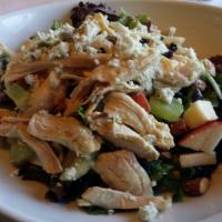 Chopped Chicken Salad · shredded chicken, chopped egg, blue cheese crumbles, roma tomato, castelvatrano olives, pick...