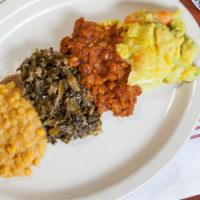 Veggie Sampler · Spicy lentil stew, yellow pea stew, collard greens, potatoes, carrots, green beans, and cabb...