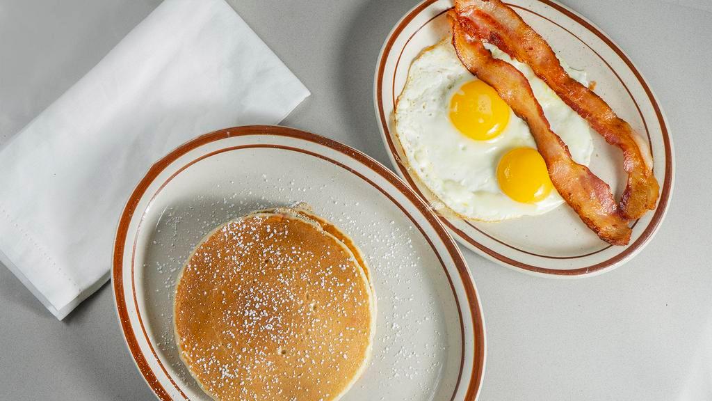 Pancakes Combo · Two eggs, and choice of two bacon strips or two sausage links.