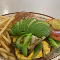 Choi's Burger · Grilled onions, peppers, avocado, and American cheese.