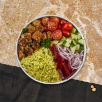 Chicken Shish Kebab Plate · Hearty chicken kabobs, hummus, green salad, rice, and warm pita bread.