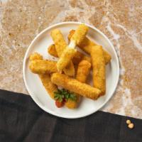 Mozzarella Sticks · Six pieces of crispy golden mozzarella sticks served with savory marinara dipping sauce.
