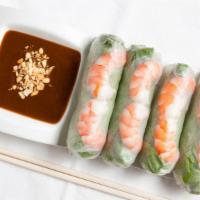 House Spring Rolls (4) · Fresh roll with shrimp, vegetables (lettuce, pickled daikon and carrot, mint) and rice noodl...
