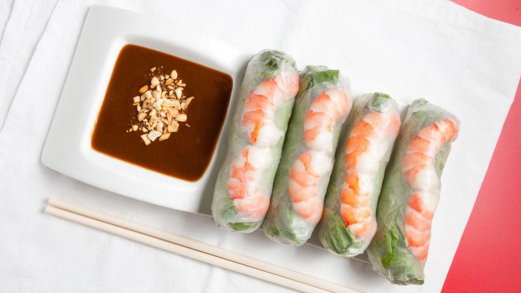 House Spring Rolls (4) · Fresh roll with shrimp, vegetables (lettuce, pickled daikon and carrot, mint) and rice noodles. Served with peanut sauce.