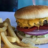 Famous Cheeseburger & Side · Classic giant cheeseburger with american cheese and the works.