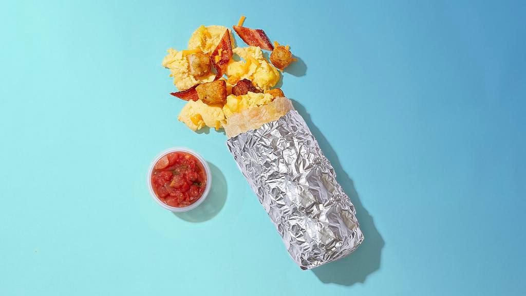 Confident Af · Crisp bacon, scrambled eggs, melted cheese, crispy tater tots, wrapped in a flour tortilla.