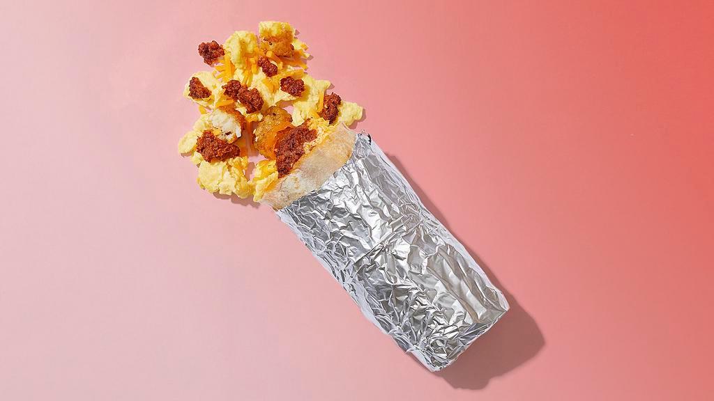 Smokin' Af · Spicy chorizo, scrambled eggs, melted cheese, crispy tater tots, wrapped in a flour tortilla.