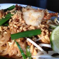 Pad Thai · Wok-fried rice stick noodle with beansprouts, egg, green onions, and ground peanut.
