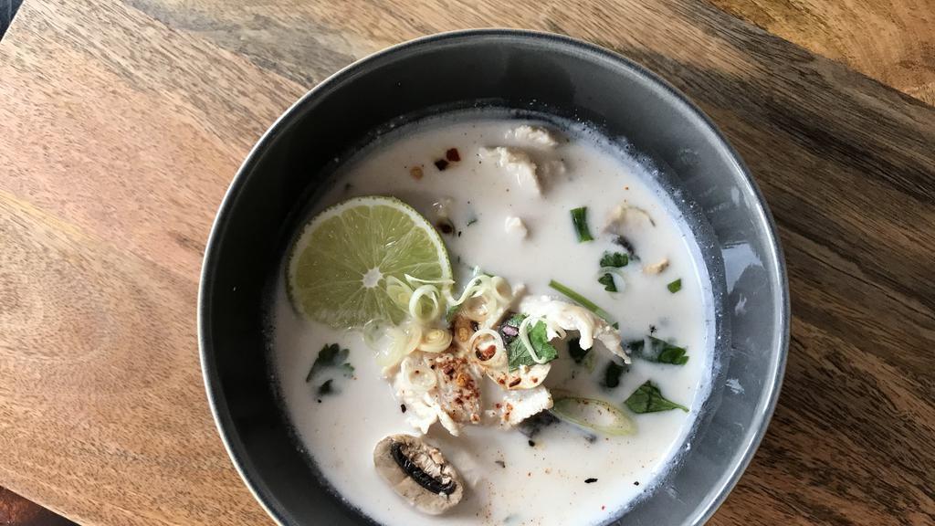 Tom Kha Noodle Soup · Lemongrass coconut soup with beansprout, green onions and cilantro.