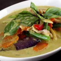 Sweet Green · Spice level 3. Coconut milk with peas, carrots, bamboo shoots, mushrooms, eggplants, red bel...