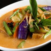 Hot Red · Spice level 2. Coconut milk with peas, carrots, bamboo shoots, mushrooms, red bell peppers, ...