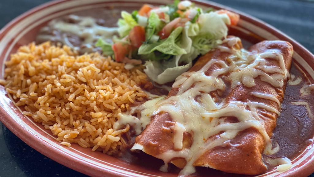 Enchiladas · Choice of Chicken, Beef, or Cheese, with either Red, or Green sauce. Served with Rice, Beans, and a small salad.