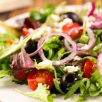 Mediterranean Salad · Lettuce, carrots, kalamata olives, cucumbers, and onions.