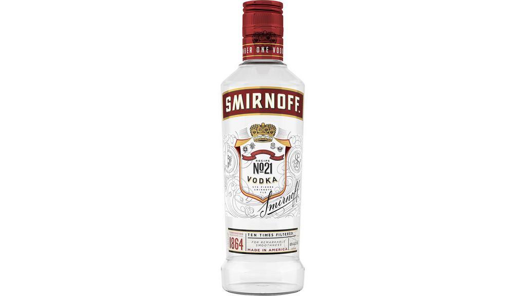 Smirnoff (375 ml) · Smirnoff No. 21 Vodka is the World's No. 1 Vodka. Our award-winning vodka has robust flavor with a dry finish for ultimate smoothness and clarity. Triple distilled and 10 times filtered, our vodka is perfect on the rocks or in your favorite cocktail. Smirnoff No. 21 is Kosher Certified and gluten free.