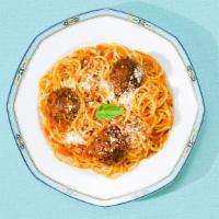 Spaghetti and Meatballs · Classic spaghetti with meatballs and marinara sauce, and topped with fresh Parmesan cheese.