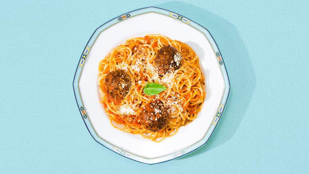 Spaghetti and Meatballs · Classic spaghetti with meatballs and marinara sauce, and topped with fresh Parmesan cheese.