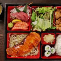 Bento Box (Three Choices) · Double items ie. Sashimi/ any Sashimi , Nigiri/any Nigiri, Chicken teriyaki/Chicken teriyaki...