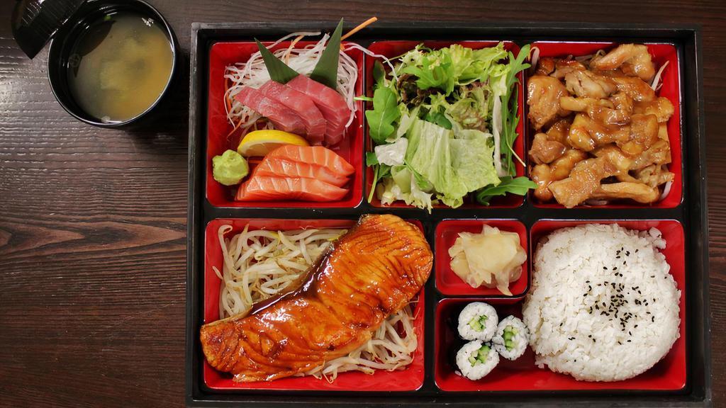Bento Box (Three Choices) · Double items ie. Sashimi/ any Sashimi , Nigiri/any Nigiri, Chicken teriyaki/Chicken teriyaki will have a 2.00$ charge added.  Served with rice, salad, and miso soup.
